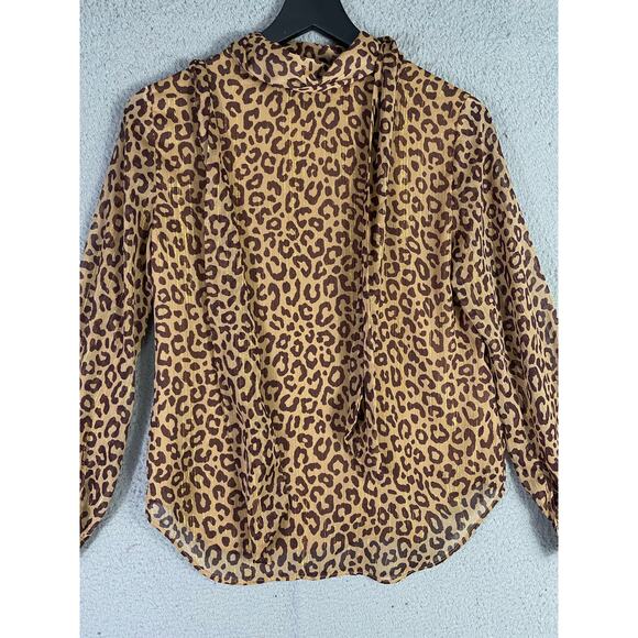 Ann Taylor Petite SP Leopard Print Blouse Long Sleeve Tie Neck Top - Picture 8 of 11